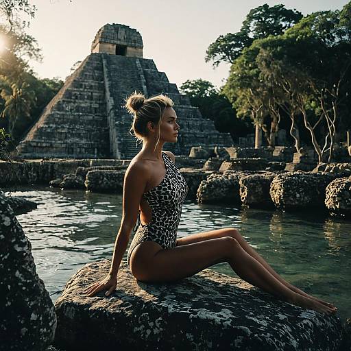 Woman in Leopard Print Swimsuit at Mayan Ruins