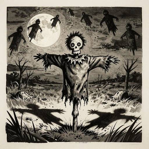 Black-and-white horror illustration: Zombie with ragged clothes and spiky hair, outstretched arms, under full moon, surrounded by shadowy figures