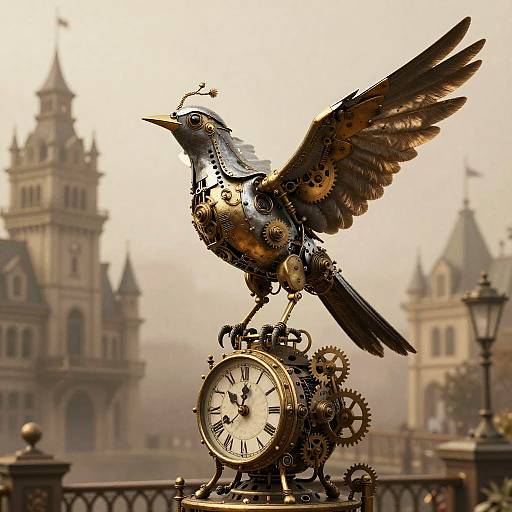 Steampunk Mechanical Bird on Vintage Clock