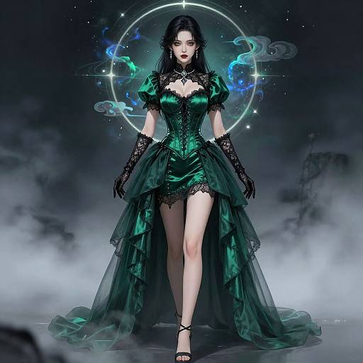 Digital art of a gothic woman with black hair, green corset dress, lace gloves, and high heels, surrounded by glowing blue and green circles