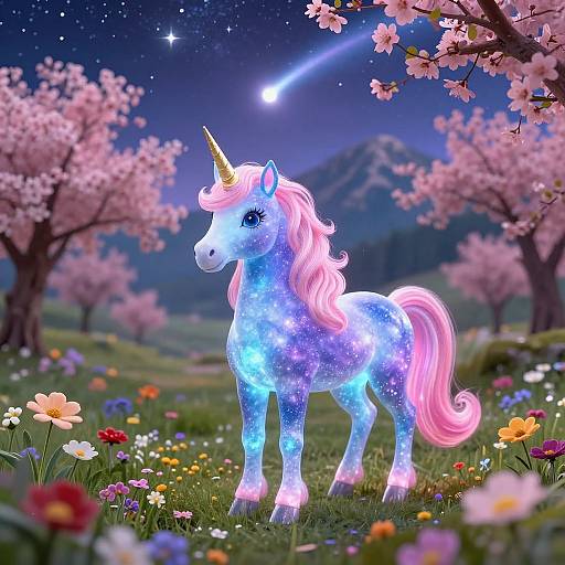 Digital artwork of a glowing, blue, unicorn with a pink mane and tail, standing in a colorful flower field under a starry night sky and cherry