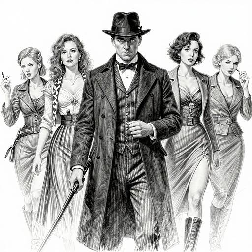 Black-and-white illustration of Sherlock Holmes in coat and hat, holding a cane, flanked by four stylish women in vintage dresses.
