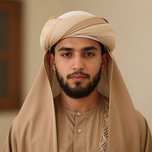 Photograph of a Middle Eastern man with a brown beard, light brown skin, and dark eyes, wearing a beige turban and matching thobe with