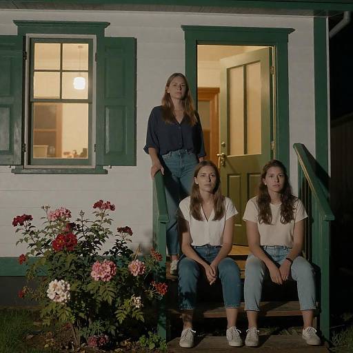 Serious Women at Night by a House