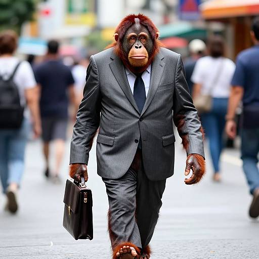 Photograph of a gorilla in a pinstripe suit, black tie, and holding a briefcase, walking through a busy city street with blurred