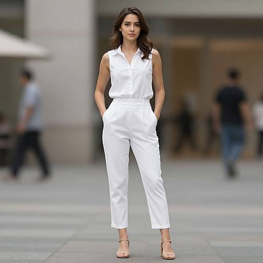 Photograph of a confident woman with long dark hair, wearing a sleeveless white jumpsuit and beige heels, walking on a city sidewalk. Blurred