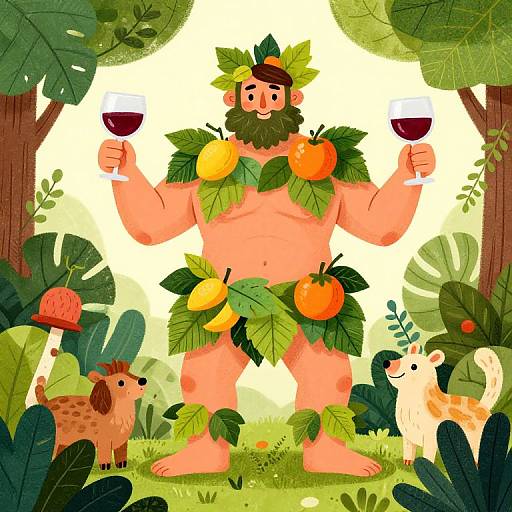 Cartoon-style illustration: Muscular, bearded man with leaf and fruit loincloth, holding wine glasses, surrounded by jungle animals and plants.