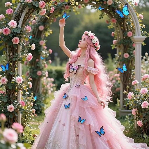 Fairytale Woman in Pink Butterfly Gown in Rose Garden
