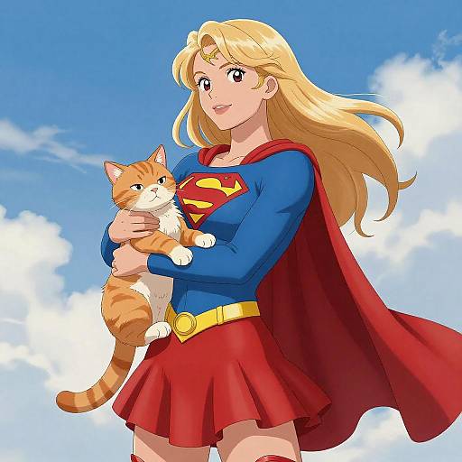 Blonde Superwoman Holding Orange Cat