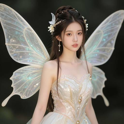 Digital artwork of a beautiful East Asian fairy with translucent, shimmering wings, long black hair, and a white, beaded dress. She wears floral