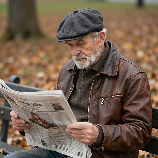 Elderly Man Reading Newspaper in Autumn Park