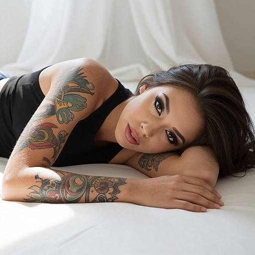 Photograph of a tattooed woman with dark hair, lying on white sheets, wearing a black tank top, gazing intently. Sunlight highlights