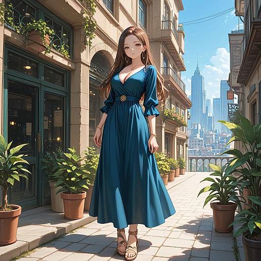 Elegant Woman in Blue Dress on City Balcony