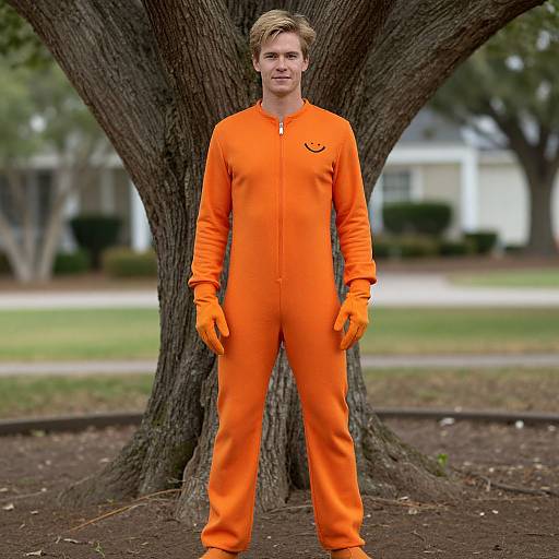 Photograph of a blonde man in an orange prison jumpsuit and matching gloves, standing in front of a large tree, suburban background.