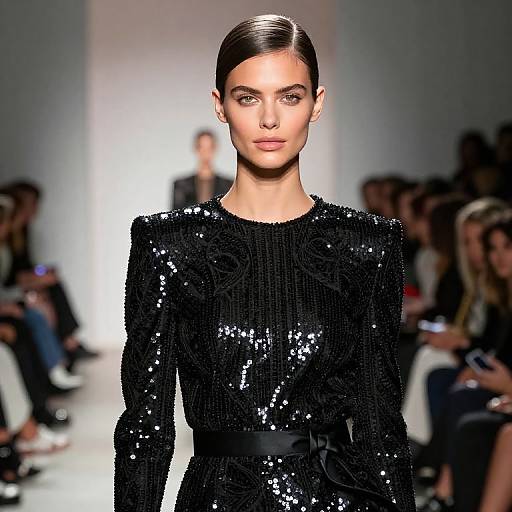 Photograph of a confident, fair-skinned woman with sleek, dark hair, wearing a black sequin dress, striding down a brightly lit runway