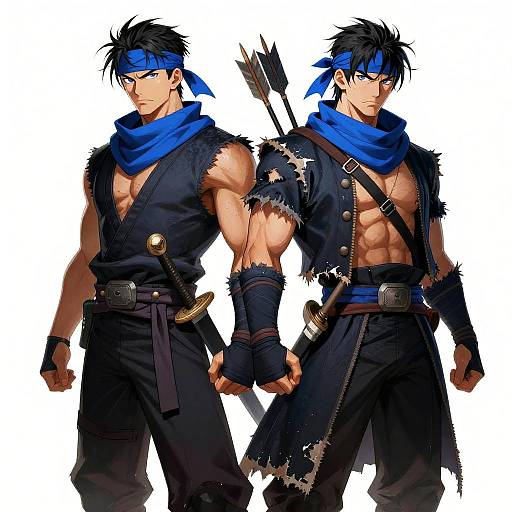 Digital anime-style illustration of two muscular, black-haired ninjas with blue headbands, torn black clothing, and blue scarves, holding swords.