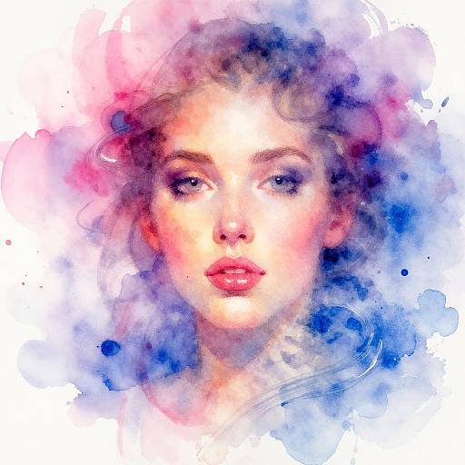 Watercolor portrait of a young woman with curly hair, fair skin, pink lips, and blue eyes, surrounded by vibrant pink, blue, and purple