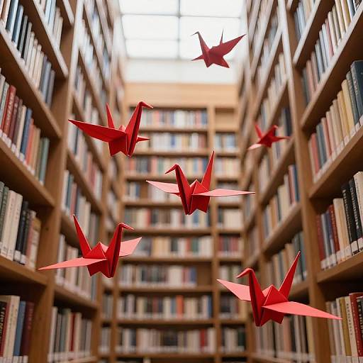 Photograph of a library with wooden shelves filled with books, viewed from below, showing red origami birds flying towards a bright, skylit ceiling