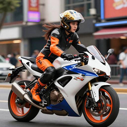 Vibrant Female Motorcyclist in Neon City