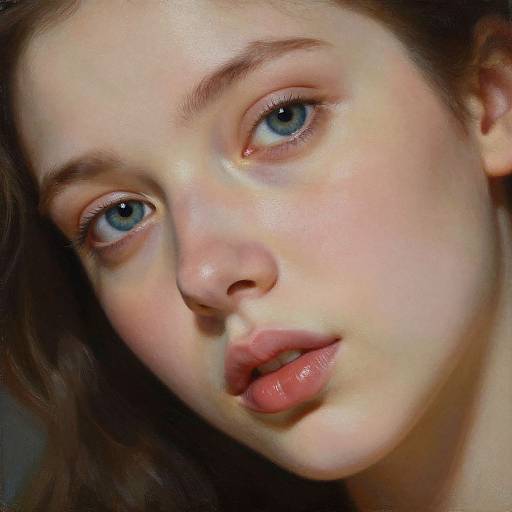 Close-up photograph of a young woman with fair skin, blue eyes, and slightly parted pink lips, looking directly at the camera with soft, natural lighting