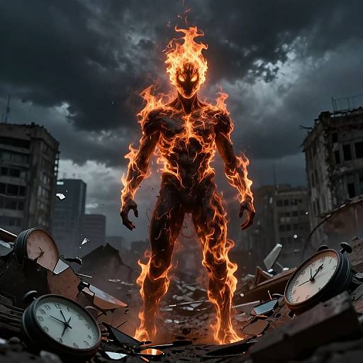Digital art: Fiery, muscular, humanoid figure with blazing head and body stands amid shattered clocks and debris in a stormy, urban ruin.