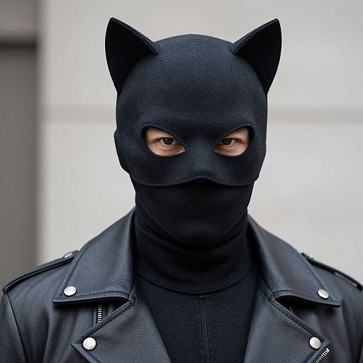 Photograph of a person in black cat mask with ears, black leather jacket, and black turtleneck, eyes visible, against a blurred white background