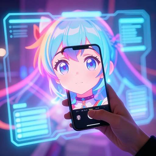 Digital anime-style portrait of a blue-haired girl with large eyes, reflected on a smartphone screen, surrounded by glowing blue holographic interfaces.