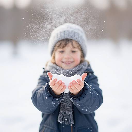 Photograph of a smiling young girl in a gray knit hat and black winter coat, holding out her hands to catch snowflakes. Blurred snowy