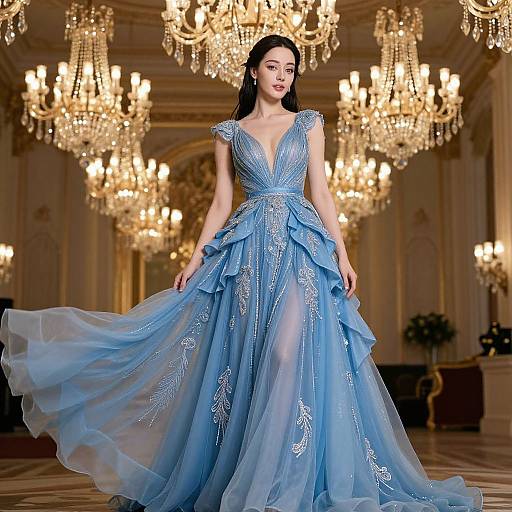Photograph of a fair-skinned woman with long black hair, wearing an intricate, blue, V-neck ball gown, flowing in a luxurious, ch