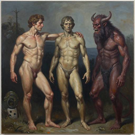 Oil painting of three figures: muscular, nude human with arm on statue, and demonic, red-skinned creature with horns, standing outdoors.
