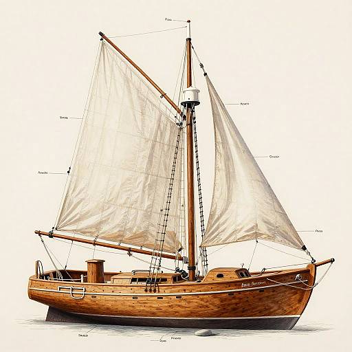 Detailed Wooden Sailboat Technical Illustration