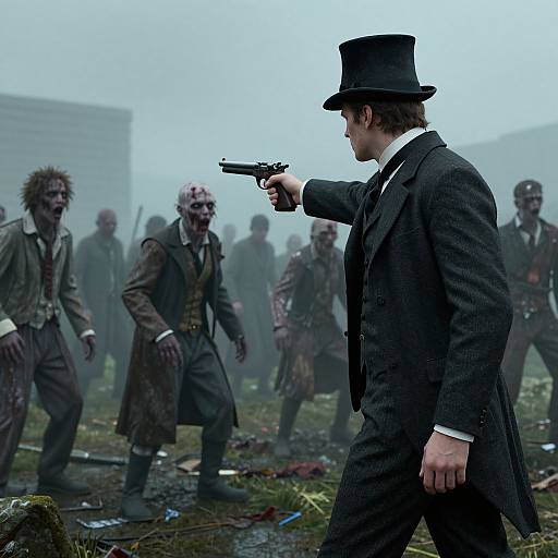 Photorealistic image: Victorian-era man in black suit and top hat, aiming revolver at undead, bloodied zombies in tattered clothes, misty