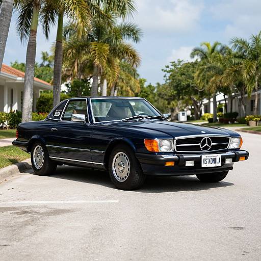Photograph of a classic black Mercedes-Benz sedan with silver rims parked on a sunny suburban street, palm trees in the background. License plate reads 