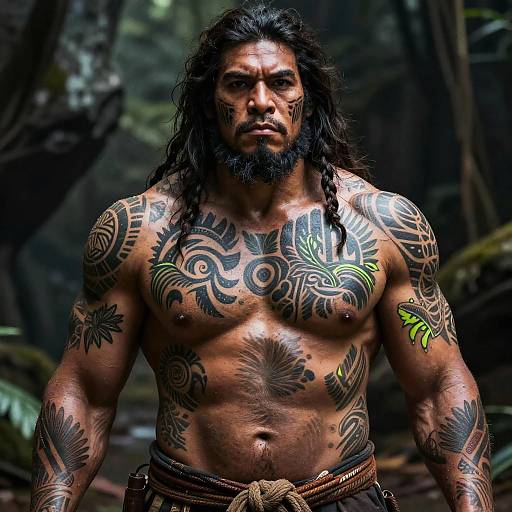 Photograph of a muscular, tattooed Indigenous man with long black hair, beard, and tribal tattoos, standing in a lush, dark forest.