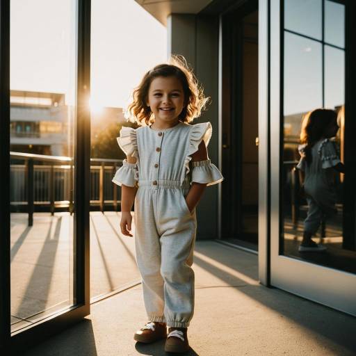 Smiling toddler girl in ruffled cotton jumpsuit at sunset
