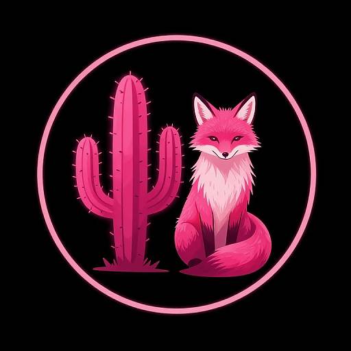 Digital illustration of a pink, fluffy fox sitting beside a tall, pink cactus, both enclosed in a neon pink circle on a black background.