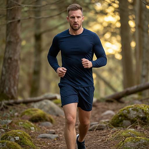 Fit Man Running Through Sunlit Forest