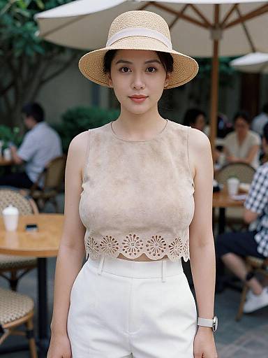 Photograph of an East Asian woman with fair skin, wearing a white lace sleeveless top, white high-waisted skirt, and straw hat,