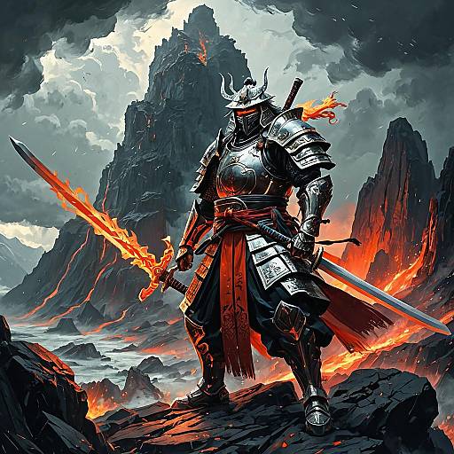 Cybernetic Samurai with Flaming Greatsword on Volcanic Crag