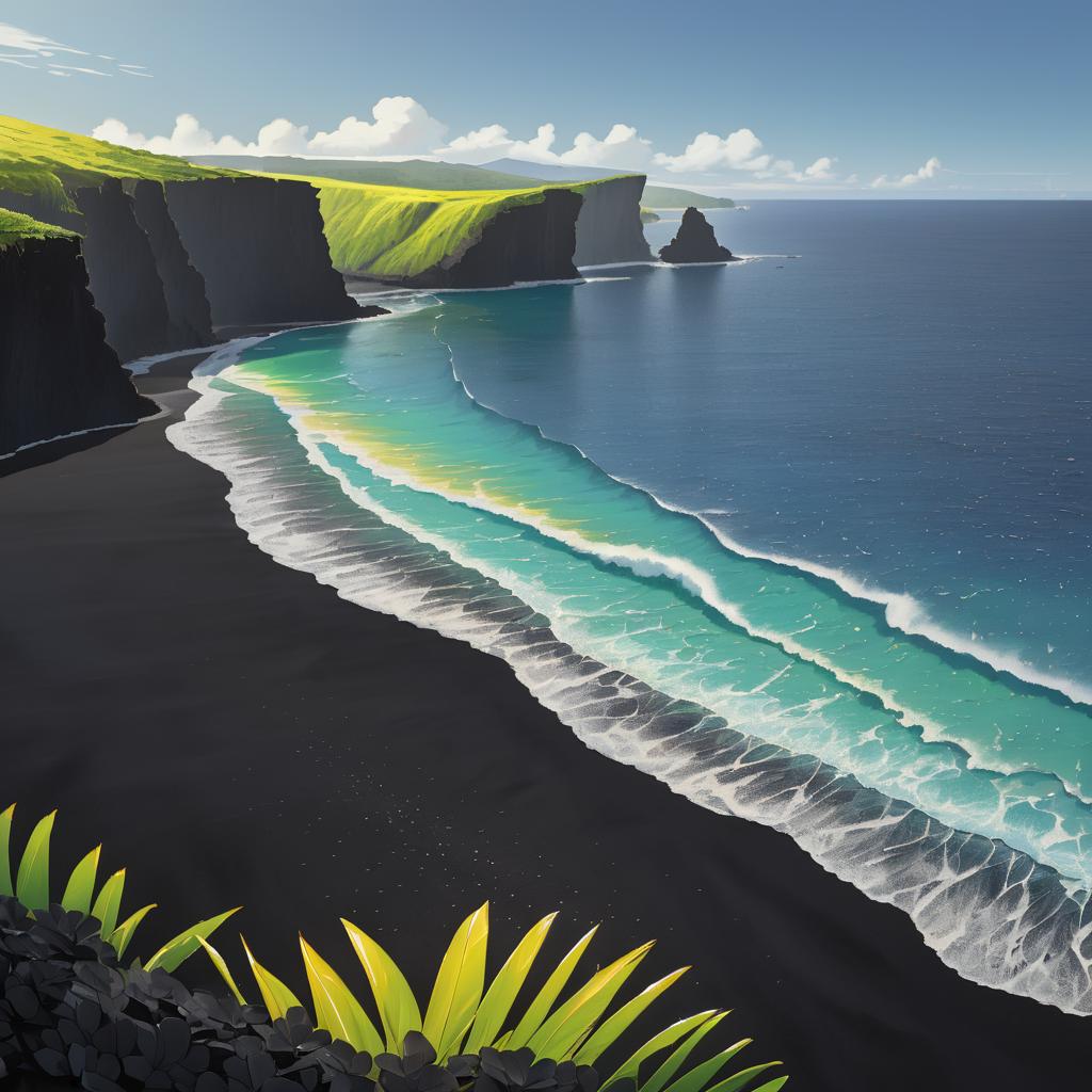 Vibrant Black Sand Beach with Cliffs