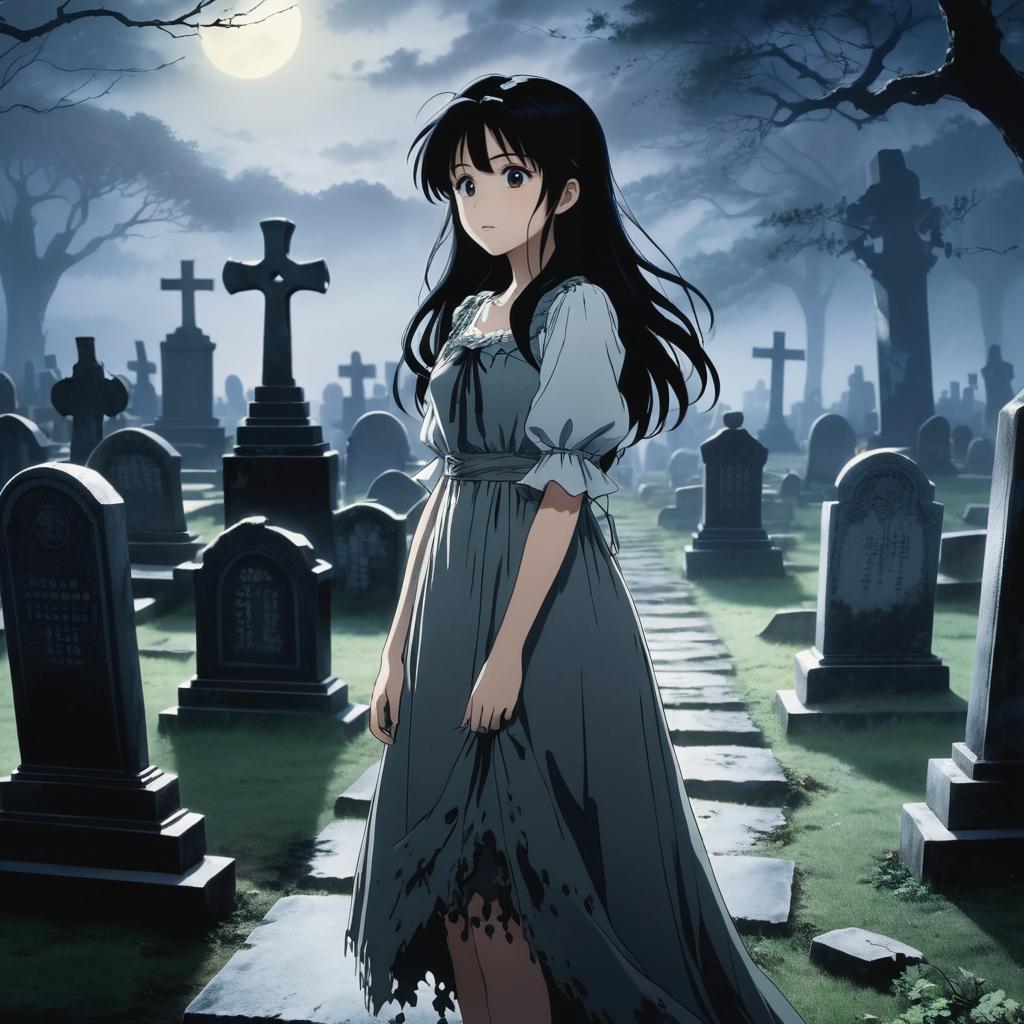 Cursed Girl in a Misty Graveyard