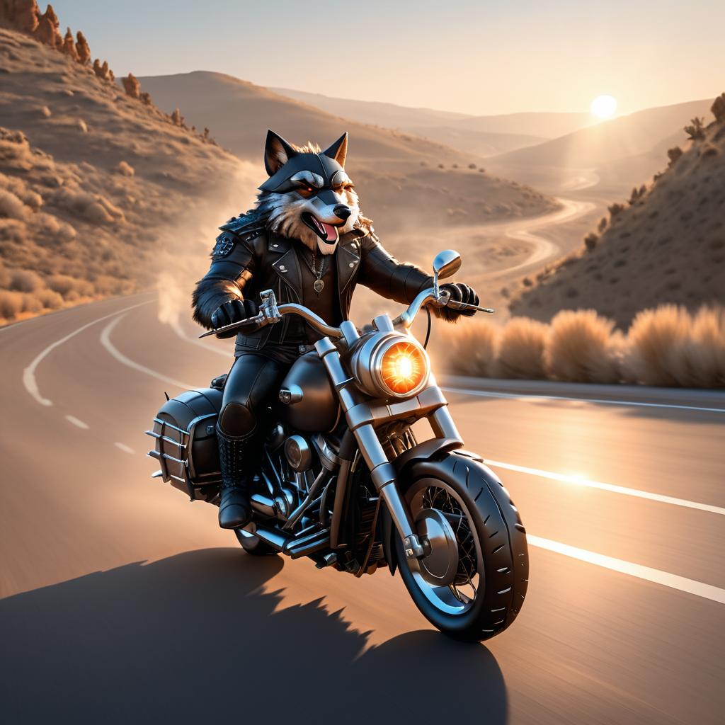 Anthropomorphic Wolf Biker in Sunset