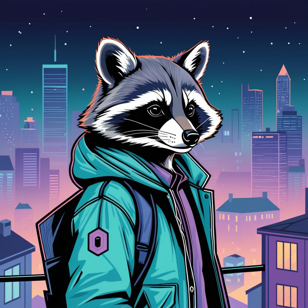 Sly Raccoon in Urban Night Scene