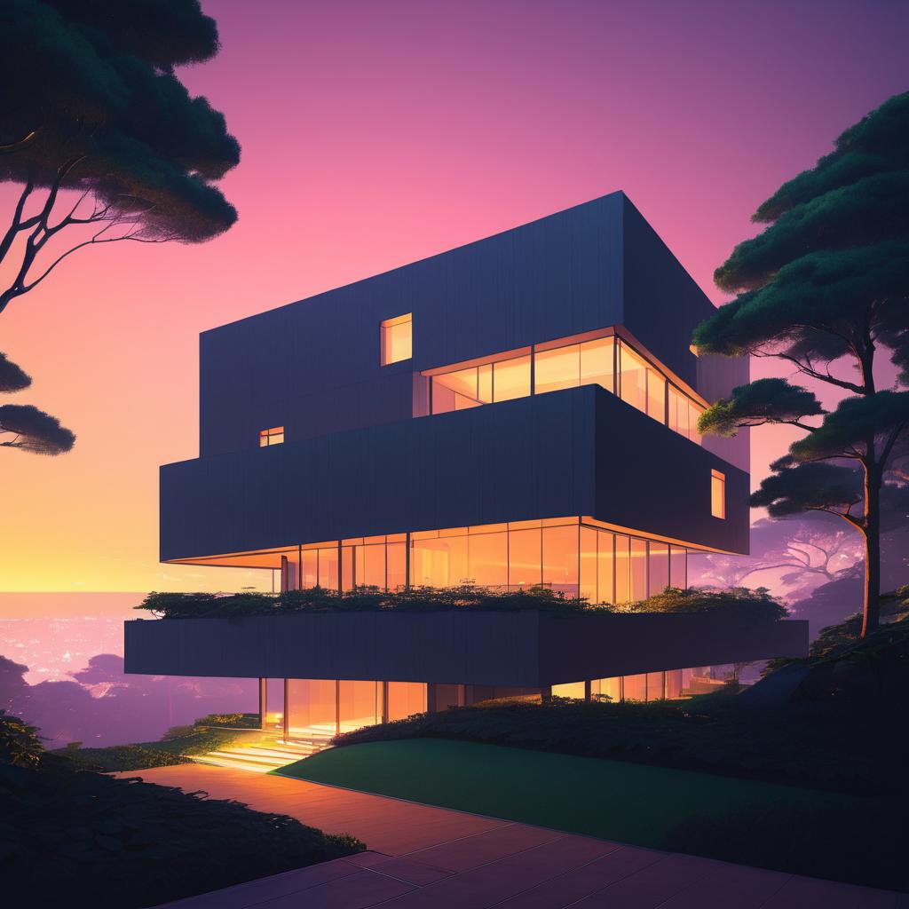 Luxurious Brutalist House at Sunset