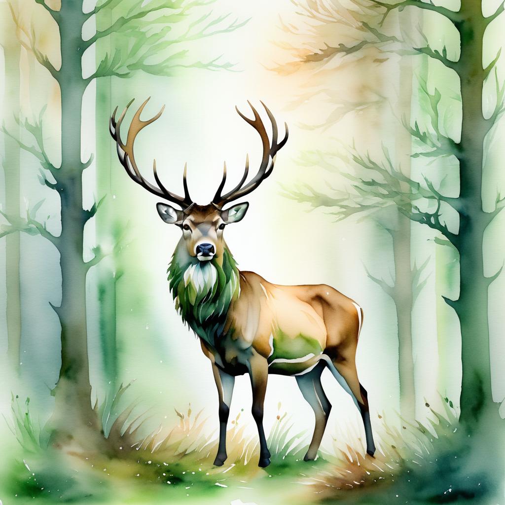 Ethereal Stag in Misty Glade Watercolor