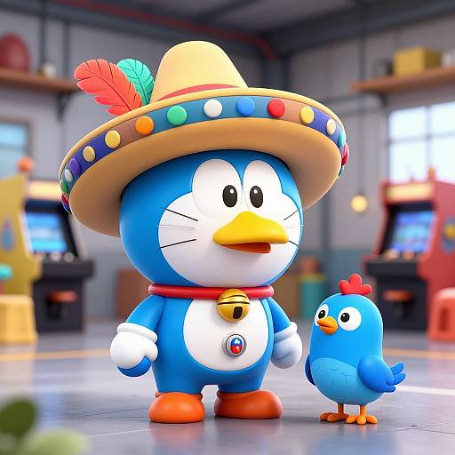 Bright CGI image of a blue cartoon penguin in a colorful sombrero standing beside a smaller blue bird in an arcade.