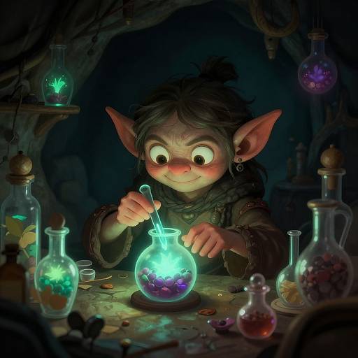 Fantastical CGI image of a wide-eyed, blushing, elf-like child with large ears, mixing glowing blue potion in a dimly lit,