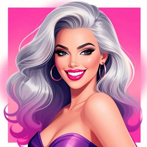 Digital illustration of a smiling woman with long, wavy, silver hair, wearing a strapless purple top and large hoop earrings, against a pink gradient