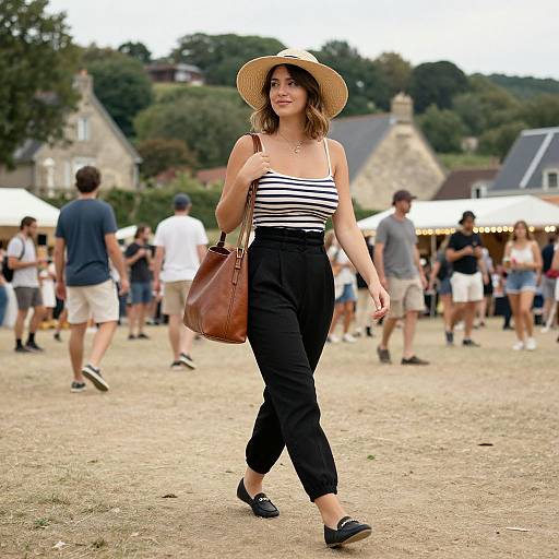 Photograph of a stylish woman in a striped top, black pants, straw hat, and brown bag walking at an outdoor market.