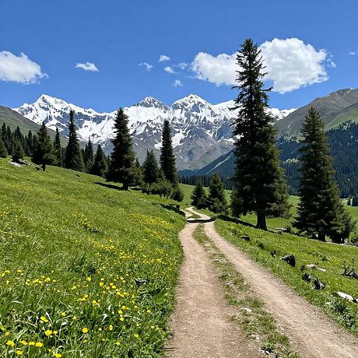 Photograph of a vibrant mountain landscape with a dirt path leading through a green meadow of yellow wildflowers, surrounded by tall pine trees, and snow